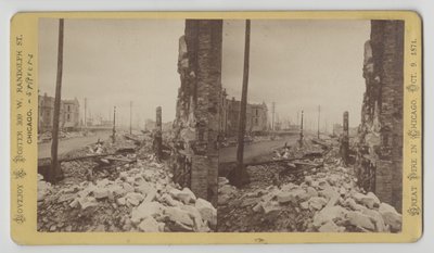 Stereograf Washington Street z rohu LaSalle Street při pohledu na východ po požáru v Chicagu v roce 1871, 1871 (černobílá fotografie na držáku karty) od George N. Barnard