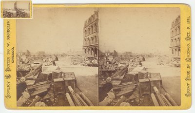 Stereograf sejfů pořízených z ruin na Dearborn Street po požáru v Chicagu v roce 1871, 1871 (černobílá fotografie na držáku karty) od George N. Barnard