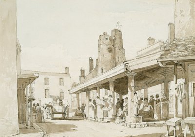 Staré tržiště, Swansea (sépiová barva a tužka na papíře) od George Orleans Delamotte