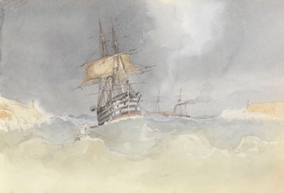 Loď HMS "Trafalgar" vplouvá do maltského přístavu se ztrátou kormidelní hlavy po vichřici, 9. února 1852 od George Pechell Mends