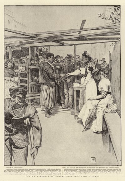Krétští uprchlíci v Aténách dostávají lístky na jídlo od George Percy Jacomb Hood