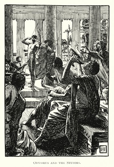 Odyssey: Odysseus a nápadníci (rytina) od George Percy Jacomb Hood
