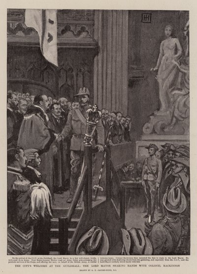 Město je vítáno v Guildhall, primátor si potřásá rukou s plukovníkem Mackinnonem od George Percy Jacomb Hood