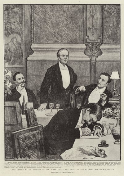 Večeře pro pana Asquitha v hotelu Cecil, hosta večera, který pronesl svůj projev od George Percy Jacomb Hood