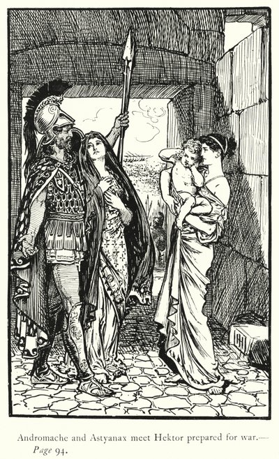 Ilias: Andromache a Astyanax se setkávají s Hektorem připraveným na válku (rytina) od George Percy Jacomb Hood