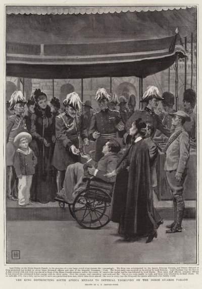 Král rozdává jihoafrické medaile imperiálnímu rytíři na přehlídce koňských stráží od George Percy Jacomb Hood