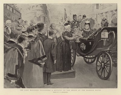 Lady Mayoress předává kytici královně v Mansion House od George Percy Jacomb Hood
