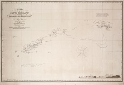 Mapa Jižních Shetland včetně ostrova Coronation z průzkumu šalupy Dove v letech 1821 a 1822, který provedl George Powell, velitel téže šalupy. od George Powell