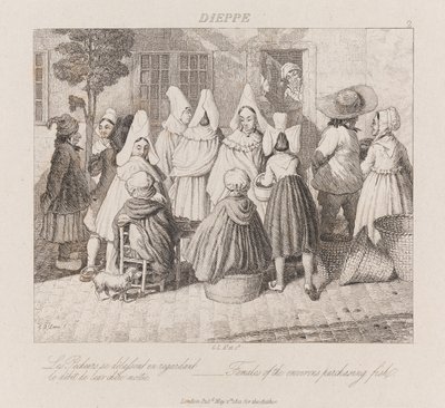 Ženy nakupující ryby, Dieppe, kolem 1821 (lept) od George Robert Lewis