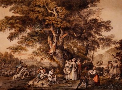 Léto: Stříhání ovcí, cca 1780 (akvarel a tělová barva na papíře) od George Robertson