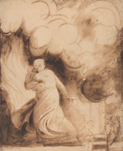 Matka s dítětem v náručí letící nad hradbami hořícího města od George Romney