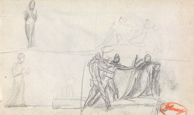 Skupinová scéna a dvě skici stojící postavy od George Romney