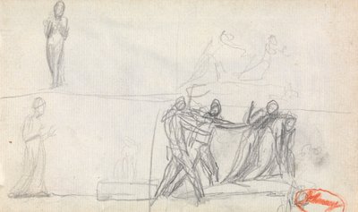 Skupinová scéna a dvě skici stojící postavy od George Romney