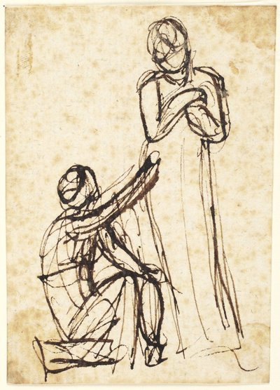 Postava na kolenou předává předmět postavě stojící od George Romney