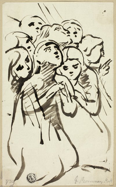 Klečící postavy schoulené k sobě od George Romney