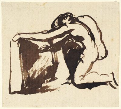 Klečící nahá postava píšící na velkou tabulku od George Romney