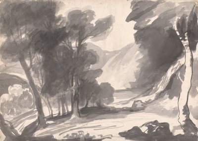 Krajinová studie: hájek, jezero a hory od George Romney