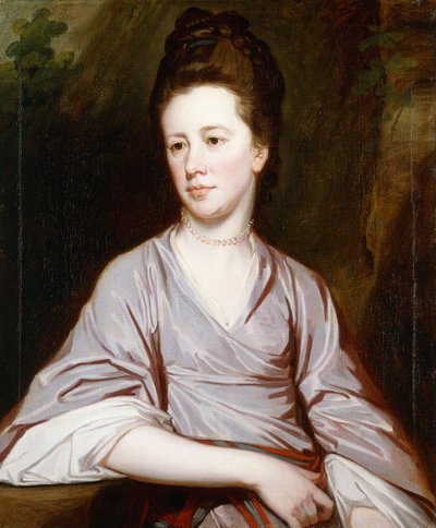 Portrét slečny Joan Knatchbullové, sedící poloviční délka v fialových šatech a perlovém náhrdelníku, od George Romney