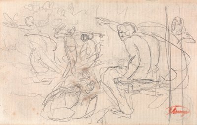 Pravděpodobně sedící postava pronášející rozsudek nad klečící postavou od George Romney