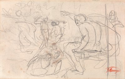 Sedící postava vynášející rozsudek nad klečící postavou od George Romney