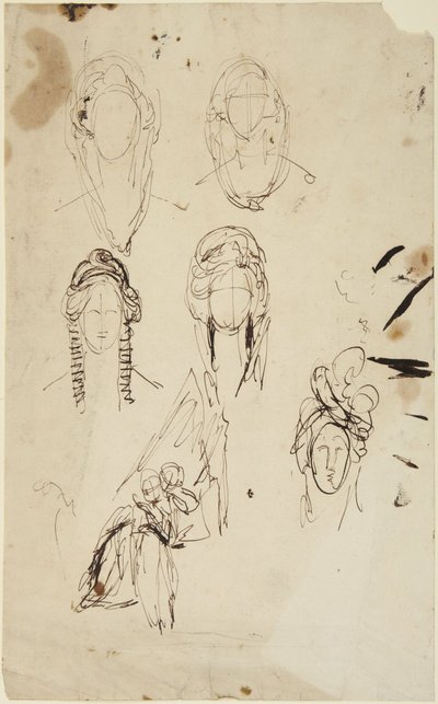 Náčrtky ženské hlavy a sedící ženy s dítětem od George Romney