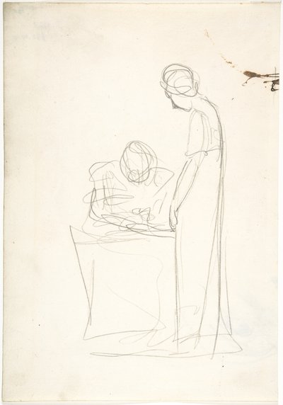 Studie dvou postav: jedna sedící, druhá stojící (recto). Studie hlavy hledící vzhůru (verso) od George Romney