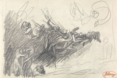 Tři grácie a démoni vysmívající se Kristu za „Pokušení Krista“ (grafit na tkaném papíře) od George Romney