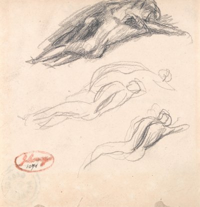 Tři skici spící postavy, pravděpodobně Adama a Evy pro "Satan objeven u Evina ucha" od George Romney