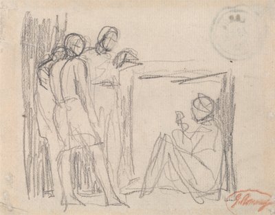 Tři stojící postavy před sedící postavou od George Romney