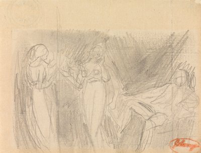 Dvě ženy a sedící muž od George Romney