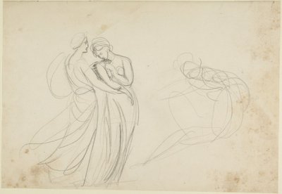 Dvě ženské postavy před sedící postavou, studie k dílu „Dvě dívky u věštkyně“ od George Romney