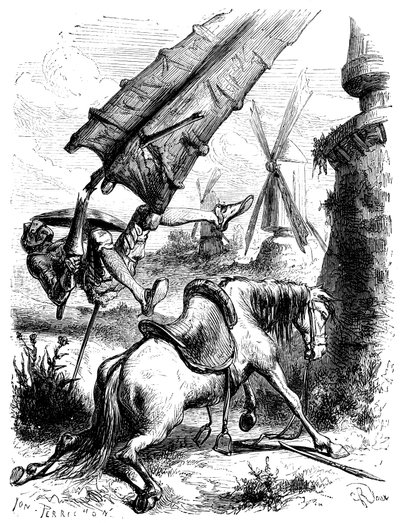Boj proti mlýnům: Don Quijote a Rossinante jsou svrženi na zem křídlem mlýna. od George Roux