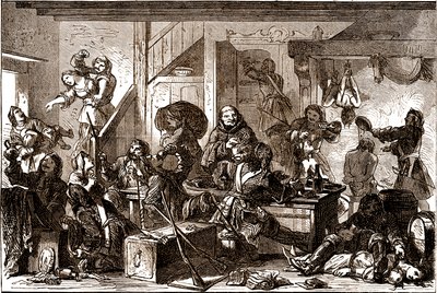 Dragonnades: perzekuce namířené proti protestantským komunitám Francouzského království během 80. let 17. století. 19. století (rytina) od George Roux