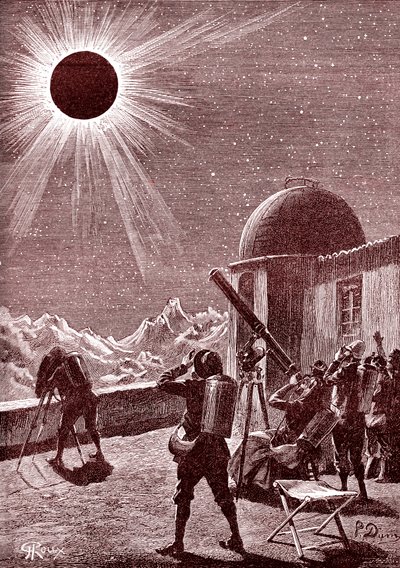 Průzkumníci v africké poušti se dívají na zatmění. 1888 (rytina) od George Roux