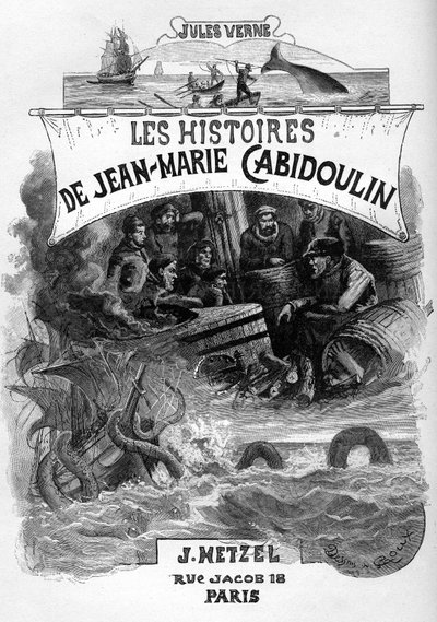Frontispice románu Julese Verna "Les histoires de Jean-Marie Cabidoulin" (1901), Hetzel Collection/Extraordiaires, ilustrace George Roux. "Evokace námořních scén: harpunování velryby, útok mořského hada na loď". od George Roux