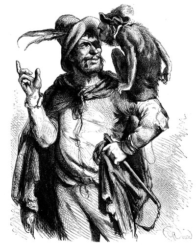 Ilustrace George Rouxe (1853-1929) k Cervantesovu Donu Quijotovi: Mistr Petr a jeho opice - opice v literatuře - od George Roux