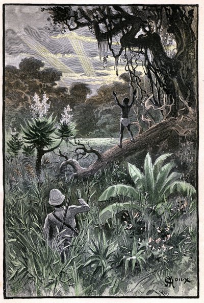 Ilustrace George Rouxe ke knize Julese Verna "Letecká vesnice" (1901), edice Hetzel/Extraordinary Voyages, Known and Unknown Worlds. Pohled na africký les (Kongo). od George Roux