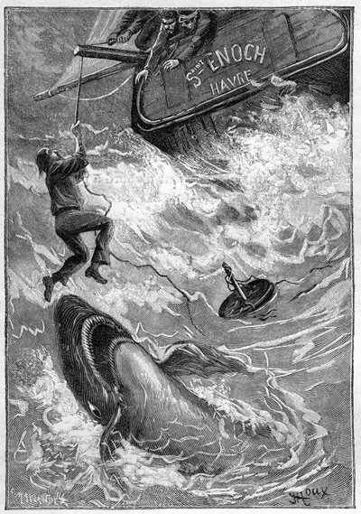 Román Julese Verna "Les histoires de Jean-Marie Cabidoulin" (1901), Hetzel Collection/Extraordiaires, ilustrace George Roux. "Námořní scéna: námořník napadený žralokem v Tichém oceánu". od George Roux