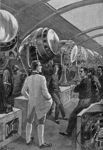 Mechanici před jejich stroji, kresba Rouxe v „Dnu amerického novináře v roce 2889“ od Julese Verna od George Roux