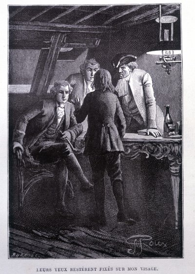 Scéna příběhu na náměstí s lodí: mladý Jim Hawkins před Dr. Livesey a Chevalier Trelawney - ve Stevensonově „L