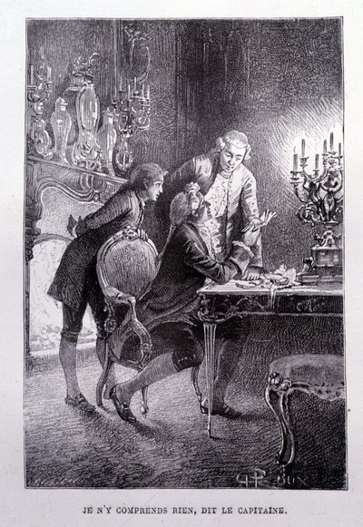 Mladý Jim Hawkins, Chevalier Trelawnay a doktor Livesey se usmíří v obývacím pokoji – v „L
