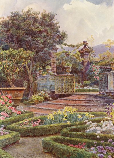 Italské zahrady: (barevná litografie): Zahradní brána, Villa di Caniparola od George Samuel Elgood