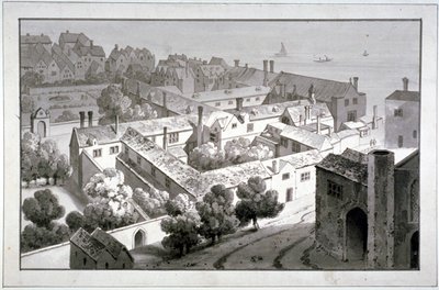 Pohled z ptačí perspektivy na palác biskupa z Winchesteru, Southwark, Londýn, c1820. od George Shepherd