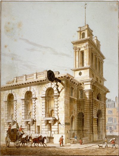 Severozápadní pohled na kostel St Mary Woolnoth, City of London, 1812 od George Shepherd