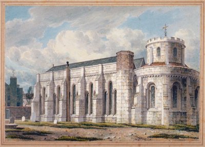 Pohled na chrám Temple Church přes hřbitov, City of London, 1811 od George Shepherd