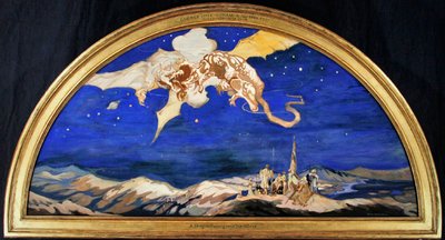 The Dragon Passing Over Travelers (akvarel s tělovou barvou a zlatem na hedvábí) od George Sheringham