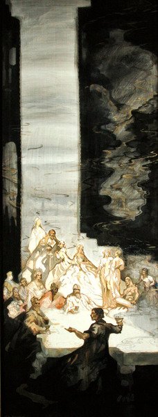Příběh Kynona, syna Clydna, když byl král Artuš v Caerllan upon Usk (akvarel s tělovou barvou a zlatou barvou na hedvábí) od George Sheringham