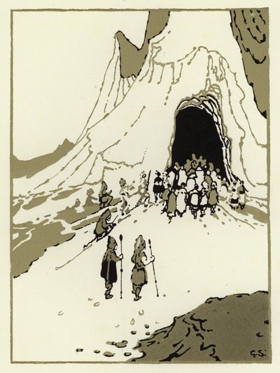 Lidé se vydali hledat obry, brzy přišli do jejich jeskyně (barva litho) od George Sheringham