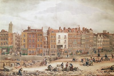 Pohled na High Street Southwark jako Ancient Roadway (barevná rytina) od George Snr Scharf