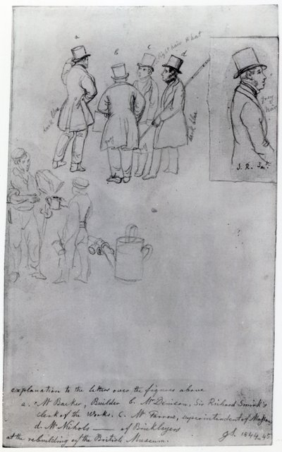 Stavitelé a zeměměřiči při přestavbě Britského muzea, 1844 (tužka na papíře) od George Snr Scharf
